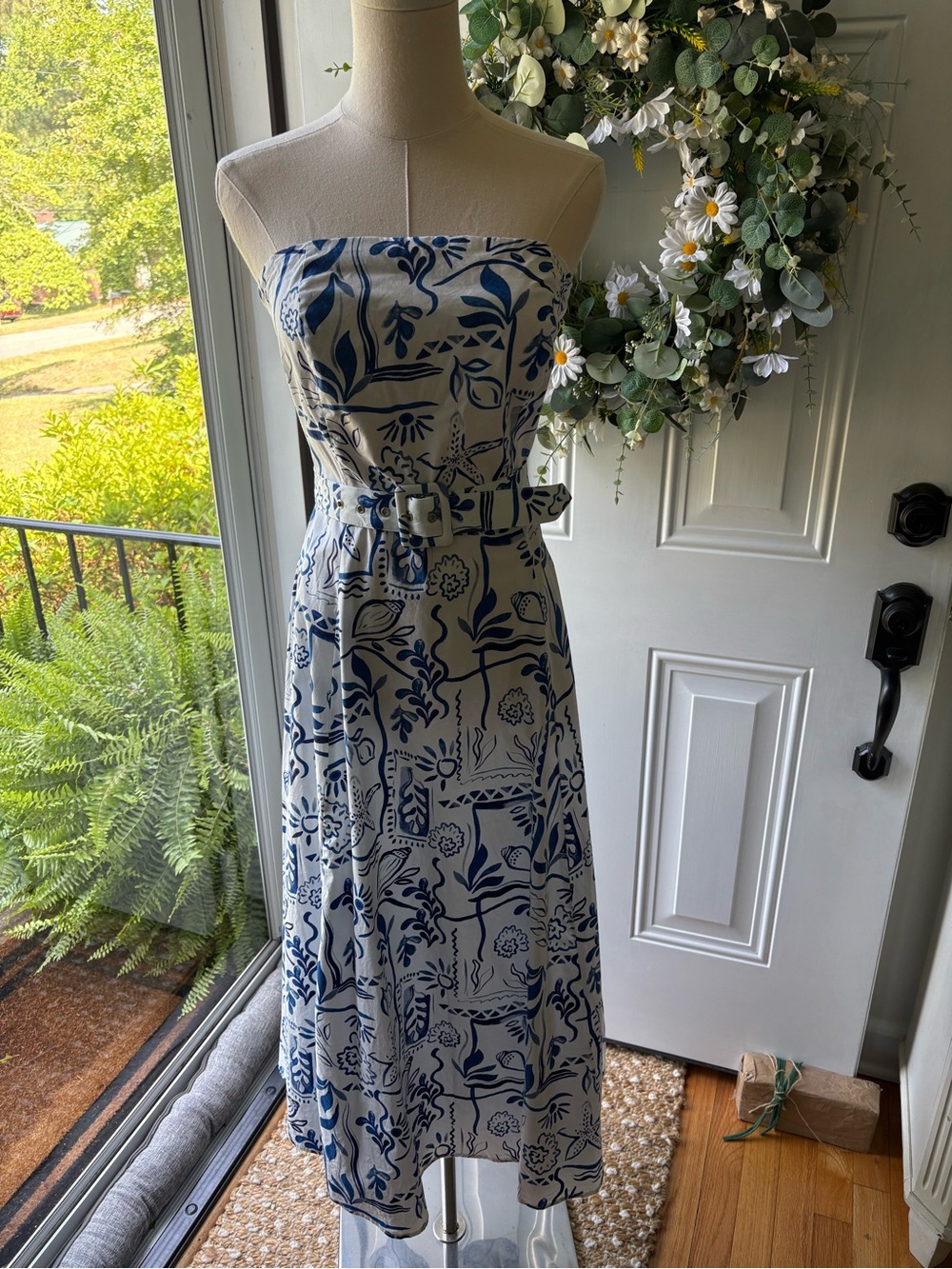 Rachel Zoe Strapless Blue and White Floral Belted Dress